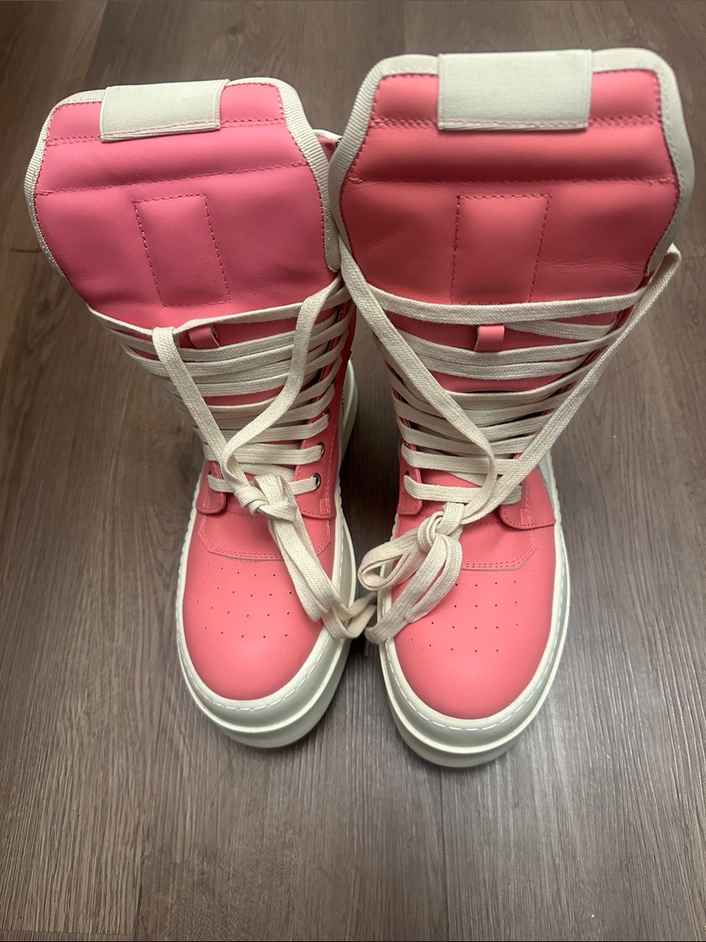 Rick Owens Coral Pink Lace-Up High-Top Boots with Cream Accents